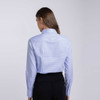 A women's button-up shirt in a light blue check pattern, featuring a classic collar and a back view.