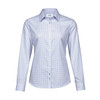 A women's button-up shirt in a blue and white check pattern, featuring a collar and long sleeves. It has a logo.
