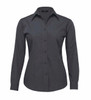A button-up shirt for women in dark grey with a collared neckline and long sleeves. The shirt features a logo.