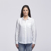 A white linen button-up shirt for women with a single chest pocket, displayed on a neutral background.