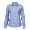 A women's button-up shirt featuring a blue and white checked pattern, complete with a collar and long sleeves.