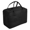 A black felt travel bag with two handles and a structured design. It features a simple, rectangular shape.