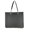 A black tote bag with two handles and a simple design. It features a logo on one side.