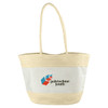 A patterned tote bag in cream with a natural woven texture and a logo on the front.
