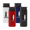 A drink bottle set featuring a white, red, navy, and black option, each with a logo printed on the front.
