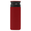 A drink bottle in a vibrant red colour with a black lid and a sleek design. It features a logo.