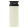 A drink bottle in a light cream colour with a black lid. It features a simple, sleek design and a logo.