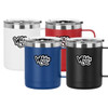 A travel mug set featuring white, red, blue, and black mugs with a logo on each. Each mug has a stainless-steel lid.