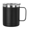 A travel mug in black with a stainless steel lid and handle. It features a sleek, minimalist design.