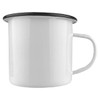 A white enamel camper mug with a black rim and a side handle, featuring a logo.