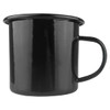 A black enamel camper mug with a curved handle, featuring a glossy finish and a simple, classic design.