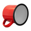 A red enamel camper mug with a black rim and handle, featuring a smooth inner surface.