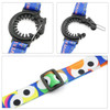 A drink bottle sling lanyard in blue and multicoloured designs, featuring a sturdy clip and adjustable strap.