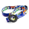 A drink bottle sling lanyard with a colourful design featuring various cartoon-like eyes and a black clasp.