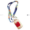 A drink bottle with a multicoloured lanyard featuring a playful design and a branded logo.