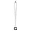 A drink bottle sling lanyard in white with a black attachment for holding a bottle. Features a branding logo.