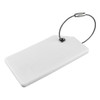 A white silicone luggage tag with a metal wire loop for attachment. It features a branding logo.