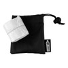 A black carry pouch with a rolled-up white shower poncho inside. The pouch has a drawstring closure and a branding tag.