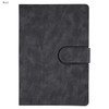 A black notebook with a textured cover and a clasp closure. It features a simple design and a logo.