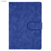 A navy blue notebook with a textured cover and a central clasp. It features a logo on the front.