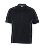 A black polo shirt featuring grey detailing and stripes, with a subtle logo on the chest.