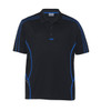 A black polo shirt featuring blue stripes and a branding logo on the chest.