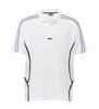 A white polo shirt with navy accents and a logo, featuring short sleeves and a two-button collar.
