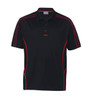 A black polo shirt with red accents and branding, featuring a classic collar and short sleeves.