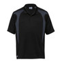 A black polo shirt with grey spliced panels and a subtle logo. Suitable for casual or sporty wear.