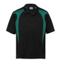 A black polo shirt with green spliced accents and a collar, featuring a logo on the front.