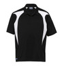 A black polo shirt with white spliced details and a collar. It features a logo on the side.