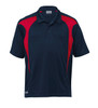 A navy polo shirt with red spliced details and a small logo on the side.