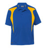 A blue polo shirt with yellow spliced design, featuring a collar and a logo on the front.