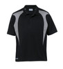 A black polo shirt with grey spliced accents and a logo, featuring a classic collar and short sleeves.