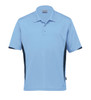 A light blue polo shirt with black side panels and a logo on the chest.