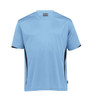 A light blue T-shirt featuring black side accents and a logo on the front.