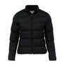 A black puffer jacket with a zip front and a high collar, featuring a logo on the upper chest area.