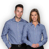 A check shirt for men featuring a blue and white gingham pattern, displayed by a man and a woman. The shirt has a branded logo.