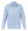 A light blue button-up shirt for men with long sleeves and a collar, featuring a logo.