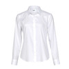 A white button-up shirt featuring a collar and long sleeves, with a logo on the label.