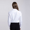 A button-up shirt in white, featuring a tailored design and long sleeves, with a visible logo on the back.