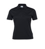 A women's black polo shirt with a ribbed texture and a logo on the collar.