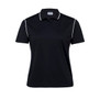 A black women's polo shirt with white piping and a brand logo on the collar.