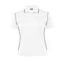 A women's polo shirt in white with navy blue detailing and a logo on the chest.