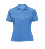 A women's polo shirt in a melange blue colour with a collar and buttons, featuring a logo.