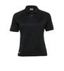 A black women's polo shirt with a zip collar and short sleeves, featuring a logo on the side.