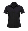 A black short sleeve button-up shirt for women featuring a collar and front buttons. It has a logo on the label.