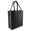A black felt tote bag with dual handles and a structured design, featuring a logo on one side.