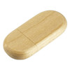 A bamboo USB flash drive with a smooth, light-coloured wooden finish, featuring an oval shape and a logo.