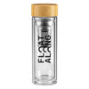 A drink bottle featuring a clear glass body, a bamboo lid, and a metal infuser. It has a logo on the side.
